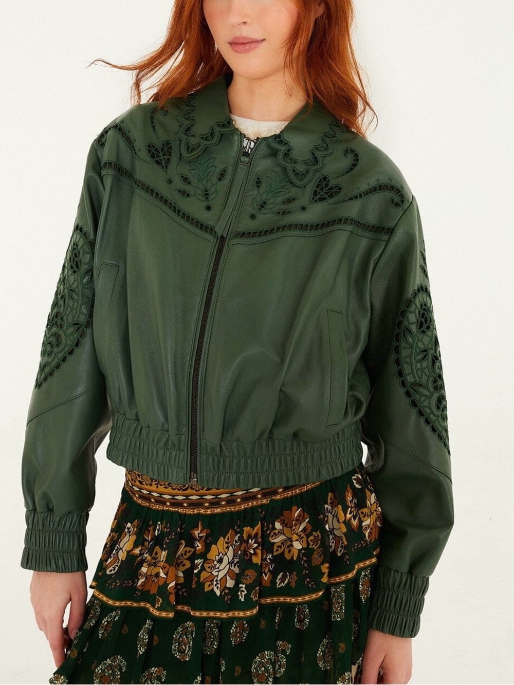 FARM Rio Green Laser-Cut Leather Jacket NWT